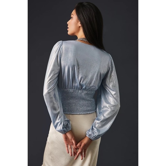 ANTHROPOLOGIE Shine Smocked V-neck Blouse Top Blue Size M NWT - Picture 4 of 9